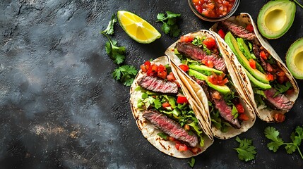 Sizzling Steak Tacos: A culinary fiesta awaits with these juicy steak tacos, adorned with fresh cilantro, diced tomatoes, creamy avocado, and a vibrant lime wedge, set against a rustic dark background