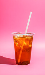 Wall Mural - Cold tea drink in plastic cup isolated on pink background