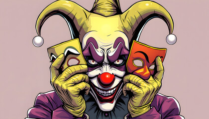 Illustration of jester clown hiding his face with theatrical masks, surreal concept isolated with white highlights, png