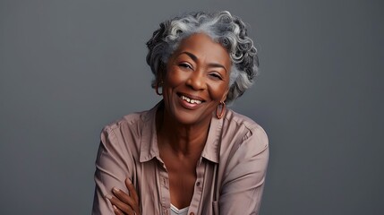 Poster - A smiling elderly woman with curly gray hair, wearing a light shirt, exuding warmth and joy.