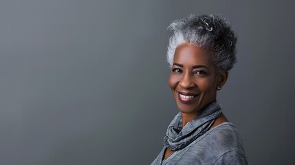 Canvas Print - A smiling woman with gray hair wearing a scarf against a neutral background, conveying confidence and warmth.