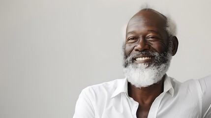 Poster - A smiling older man with a beard, wearing a white shirt, exuding warmth and positivity.