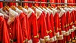 © Sirinporn - Rows of bright red festive costumes with white fur trim, adorned with gold buttons and belts, hang from a wooden rack, awaiting the holiday season.