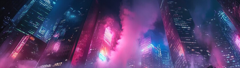 Sticker - Neon-Lit Skyscrapers in a Smog-Filled Nighttime Cityscape