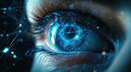 Canvas Print - A close-up of an eye with digital elements like glowing lines and data points, representing the advanced technology behind AI vision