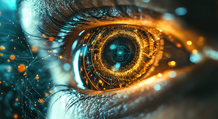 Canvas Print - A close-up of an eye with digital elements like glowing lines and data points, representing the advanced technology behind AI vision