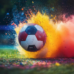 Wall Mural - Soccer ball exploding with vibrant orange energy on a transparent background, perfect for sports-themed designs.
