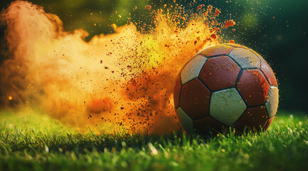 Wall Mural - Soccer ball exploding with vibrant orange energy on a transparent background, perfect for sports-themed designs.
