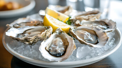 Wall Mural - A plate of fresh oysters served on ice with lemon wedges