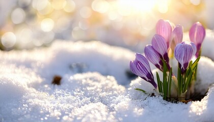 Wall Mural - first spring flowers blooming flower covered snow with blurry bokeh and sparkling detail ai generated art