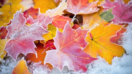 Wall Mural - Frosty Autumn Leaves on Snowy Background - Vivid Seasonal Transition