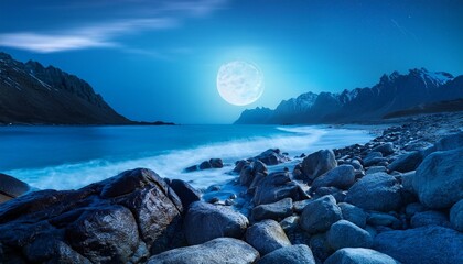 a photography of a night rocky beach with a moon in the mountains in the background luminoscent blue waves with clouds and shine generative ai