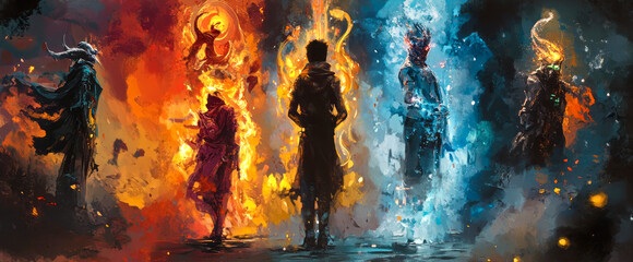 Five elemental figures stand surrounded by fiery and icy auras, representing the forces of nature and mysticism.
