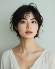 Wall Mural - Asian woman with short hair, against a white background. The portrait features soft lighting