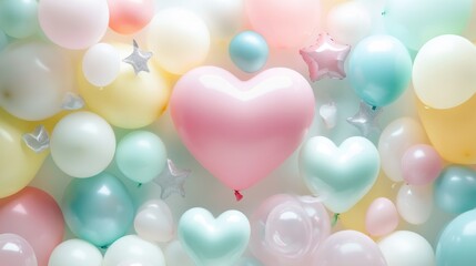 A colorful array of balloons in various shapes and sizes, creating a festive atmosphere.