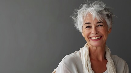 Poster - A smiling elderly woman with short gray hair, wearing a light-colored top, exuding warmth and joy.