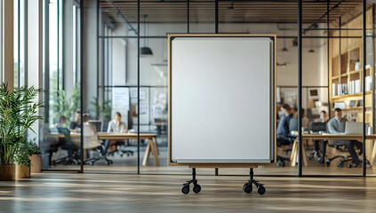 Wall Mural - Whiteboard on wheels in a modern office interior, a mockup of a whiteboard with a black frame standing in the middle of an open space office with glass walls.