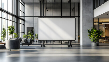 Wall Mural - Whiteboard on wheels in a modern office interior, a mockup of a whiteboard with a black frame standing in the middle of an open space office with glass walls.