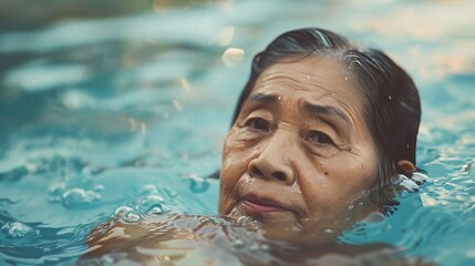 Sticker - An elderly woman floating in water, reflecting a serene moment of leisure and contemplation.