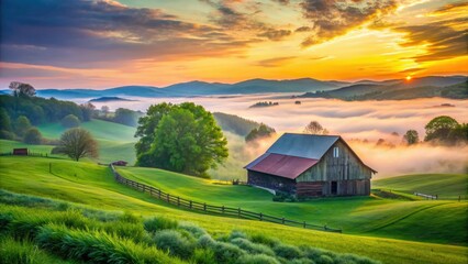 Serene sunset over the rolling hills and lush green fields of rural Virginia, with a historic wooden barn and misty fog in the background.