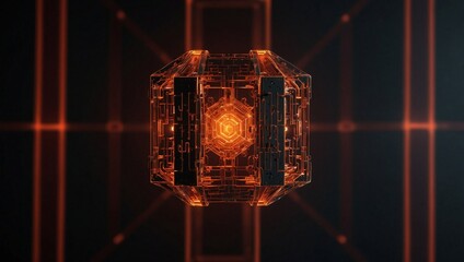 Poster - Quantum Core: An intricate, glowing orange cube pulsates with energy, suspended within a geometric network of light. 