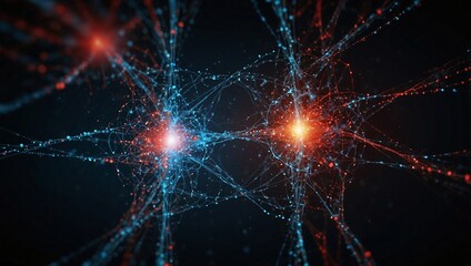 Poster - Neural Network Abstract:  A mesmerizing abstract representation of a neural network, with intricate lines and glowing nodes in vibrant blue and red, evoking a sense of connectivity and complex informa