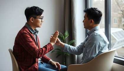 PTSD Mental health concept, Psychologist sitting and touch hand young depressed asian man for encouragement near window, Selective focus isolated with white highlights, png