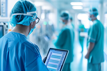 Wall Mural - A doctor is using a tablet to look at a patient's medical records