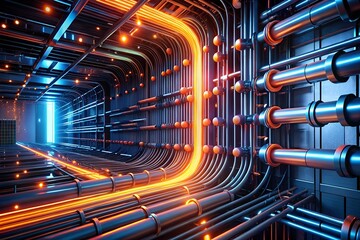 Poster - Cybernetic Arteries: A labyrinth of illuminated pipelines snake through a futuristic server room, pulsating with vibrant energy in a 3D render.