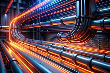 Poster - Cybernetic Arteries: A labyrinth of illuminated pipelines snake through a futuristic server room, pulsating with vibrant energy in a 3D render.
