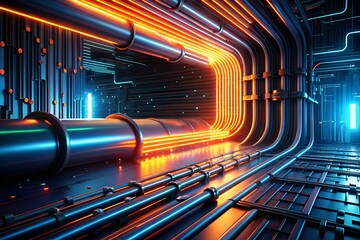 Poster - Cybernetic Arteries: A labyrinth of illuminated pipelines snake through a futuristic server room, pulsating with vibrant energy in a 3D render.