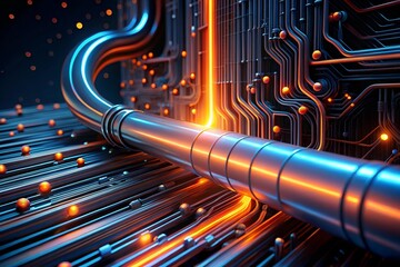 Poster - Cybernetic Arteries: A labyrinth of illuminated pipelines snake through a futuristic server room, pulsating with vibrant energy in a 3D render.