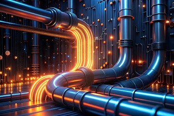 Poster - Cybernetic Arteries: A labyrinth of illuminated pipelines snake through a futuristic server room, pulsating with vibrant energy in a 3D render.