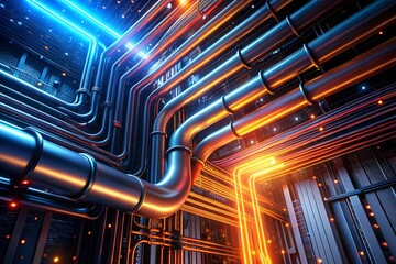 Poster - Cybernetic Arteries: A labyrinth of illuminated pipelines snake through a futuristic server room, pulsating with vibrant energy in a 3D render.