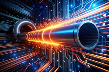 Poster - Cybernetic Arteries: A labyrinth of illuminated pipelines snake through a futuristic server room, pulsating with vibrant energy in a 3D render.