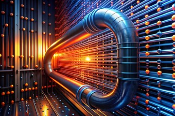 Poster - Cybernetic Arteries: A labyrinth of illuminated pipelines snake through a futuristic server room, pulsating with vibrant energy in a 3D render.