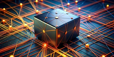 Poster - The Power of Connectivity: A black cube, representing technological advancement, sits at the heart of a complex network of glowing lines and points, symbolizing the interconnectedness of data and inno