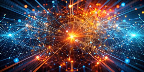 Poster - Global Network Convergence: A vibrant, abstract illustration of interconnected nodes and data streams converging on a radiant globe, symbolizing global communication, technology, and interconnectednes
