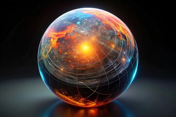 Poster - Global Network Sphere: A mesmerizing 3D rendering of a glowing sphere, symbolizing interconnectedness and global communication. The intricate network of lines within the sphere represents the flow of 