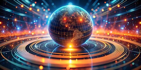 Poster - Global Network: A futuristic, abstract illustration of a glowing, connected Earth, signifying global interconnectedness, technology, and the digital age. The image is a mesmerizing blend of warm 