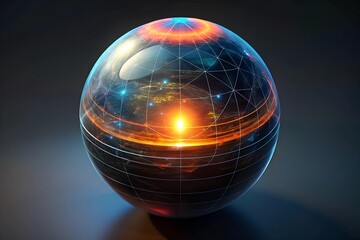 Poster - Global Network Sphere: A mesmerizing 3D rendering of a glowing sphere, symbolizing interconnectedness and global communication. The intricate network of lines within the sphere represents the flow of 