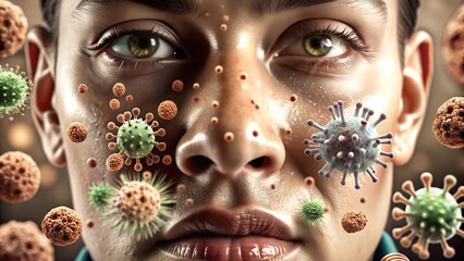 The Invisible Enemy: A man's face covered in microscopic viruses and bacteria, a stark reminder of the unseen threats we face. The intense gaze conveys vulnerability and fear. The image is both unsett