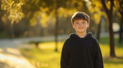 Canvas Print - Smiling Young Boy Basking in Warmth of Golden Hour Sunlight