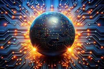 Poster - Global Tech Hub: A sleek, black sphere, interwoven with glowing circuitry, pulsates at the heart of a vast technological network, symbolizing the interconnected nature of innovation. 