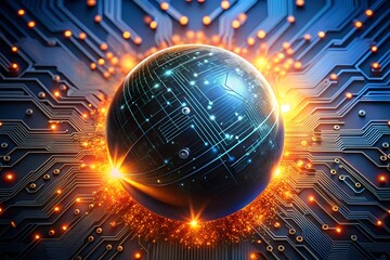 Poster - Global Tech Hub: A sleek, black sphere, interwoven with glowing circuitry, pulsates at the heart of a vast technological network, symbolizing the interconnected nature of innovation. 
