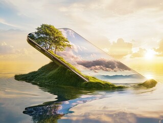 Sticker - Digital Privacy Concept: Smartphone with Nature Reflection Symbolizing Data Security and Privacy in a Digital World