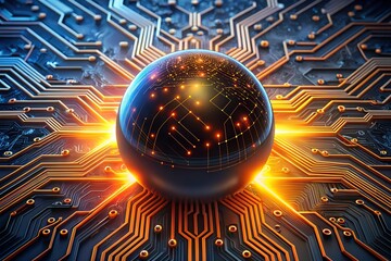 Poster - Global Tech Hub: A sleek, black sphere, interwoven with glowing circuitry, pulsates at the heart of a vast technological network, symbolizing the interconnected nature of innovation. 