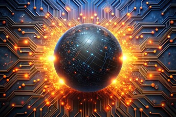 Poster - Global Tech Hub: A sleek, black sphere, interwoven with glowing circuitry, pulsates at the heart of a vast technological network, symbolizing the interconnected nature of innovation. 