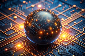 Poster - Global Tech Hub: A sleek, black sphere, interwoven with glowing circuitry, pulsates at the heart of a vast technological network, symbolizing the interconnected nature of innovation. 