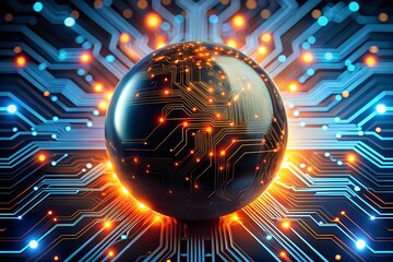 Poster - Global Tech Hub: A sleek, black sphere, interwoven with glowing circuitry, pulsates at the heart of a vast technological network, symbolizing the interconnected nature of innovation. 